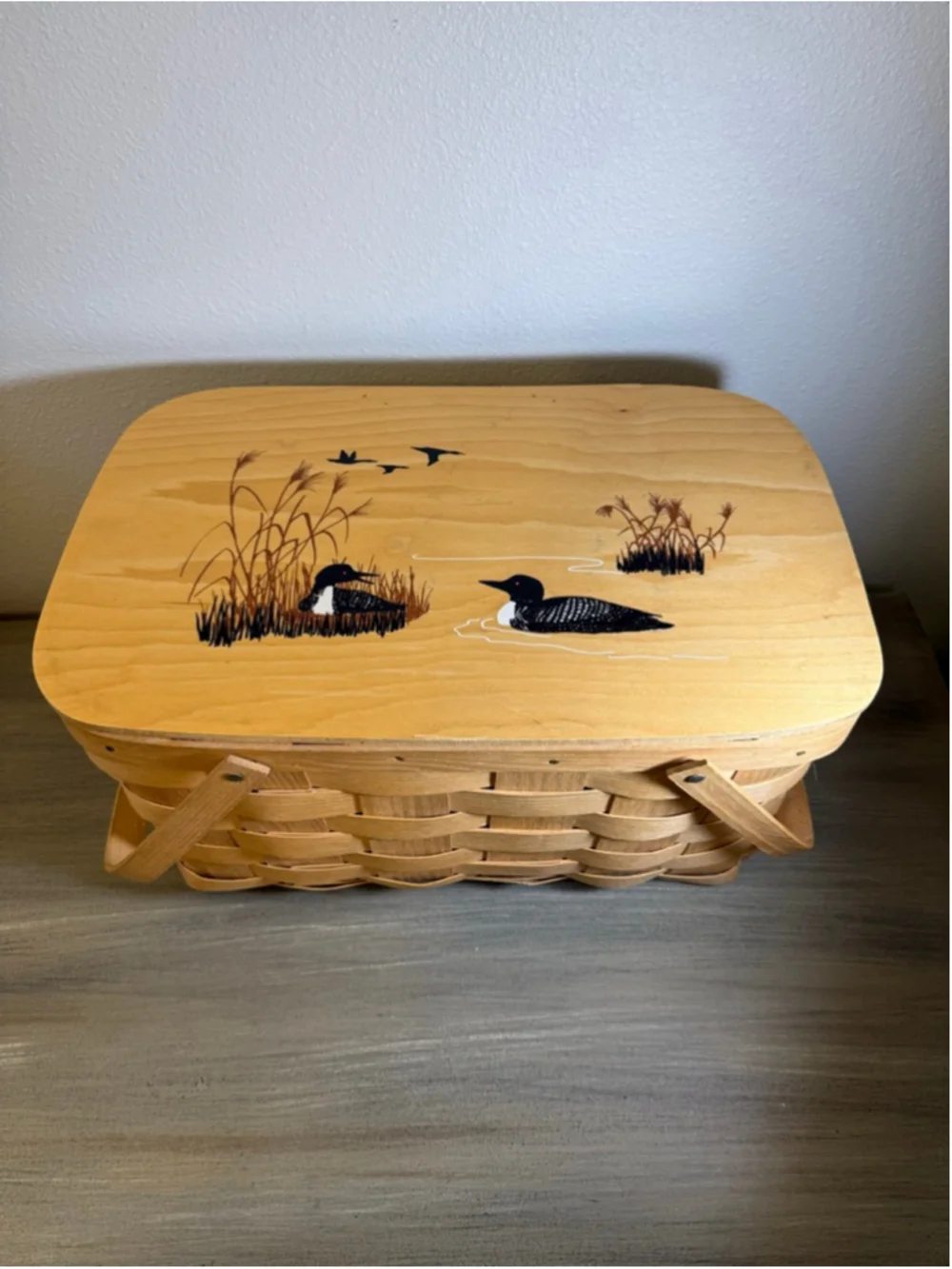 vintage Basketville picnic basket hand-painted loon scene wooden lid cottagecore
